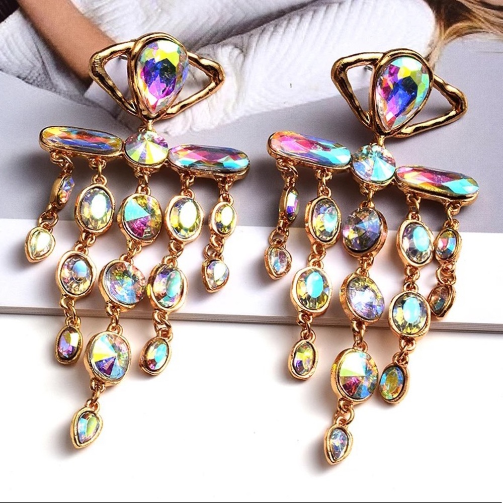 Gorgeous iridescent bohemian dangle earrings gold rainbow crystal drop boho